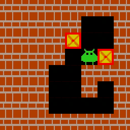 Farther box first: it is pushed along the corridor to the far goal, then the nearer box onto its goal. Solved in 18 moves.